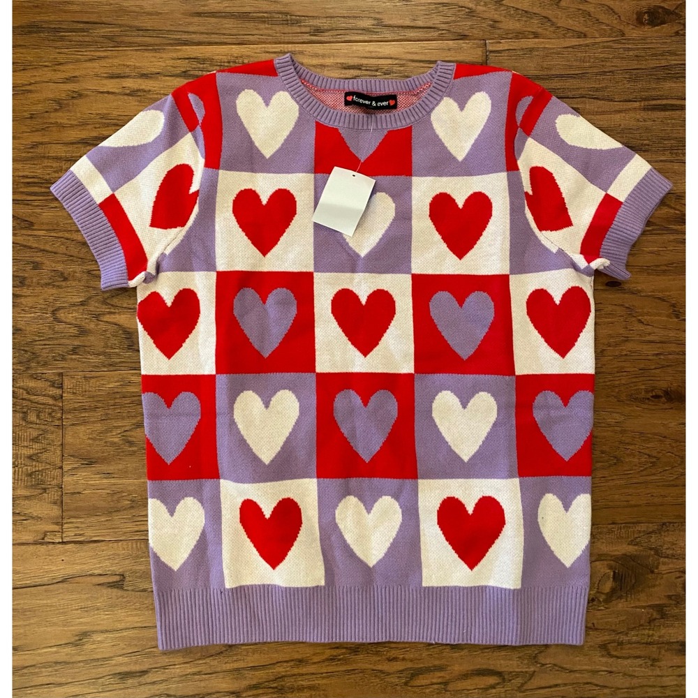 Forever‎ & Ever Womens Heart Checkerboard Short Sleeve Knit Sweater Purple Red M